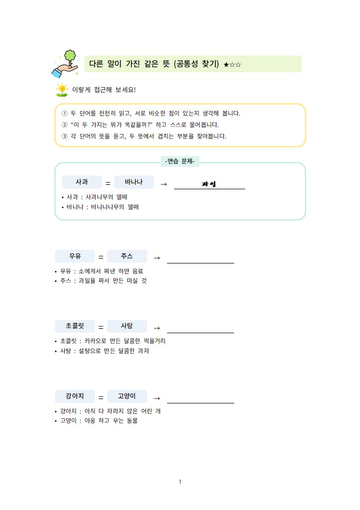 좋은나무 인지 훈련 자료 — 언어 공통점 찾기 문항
