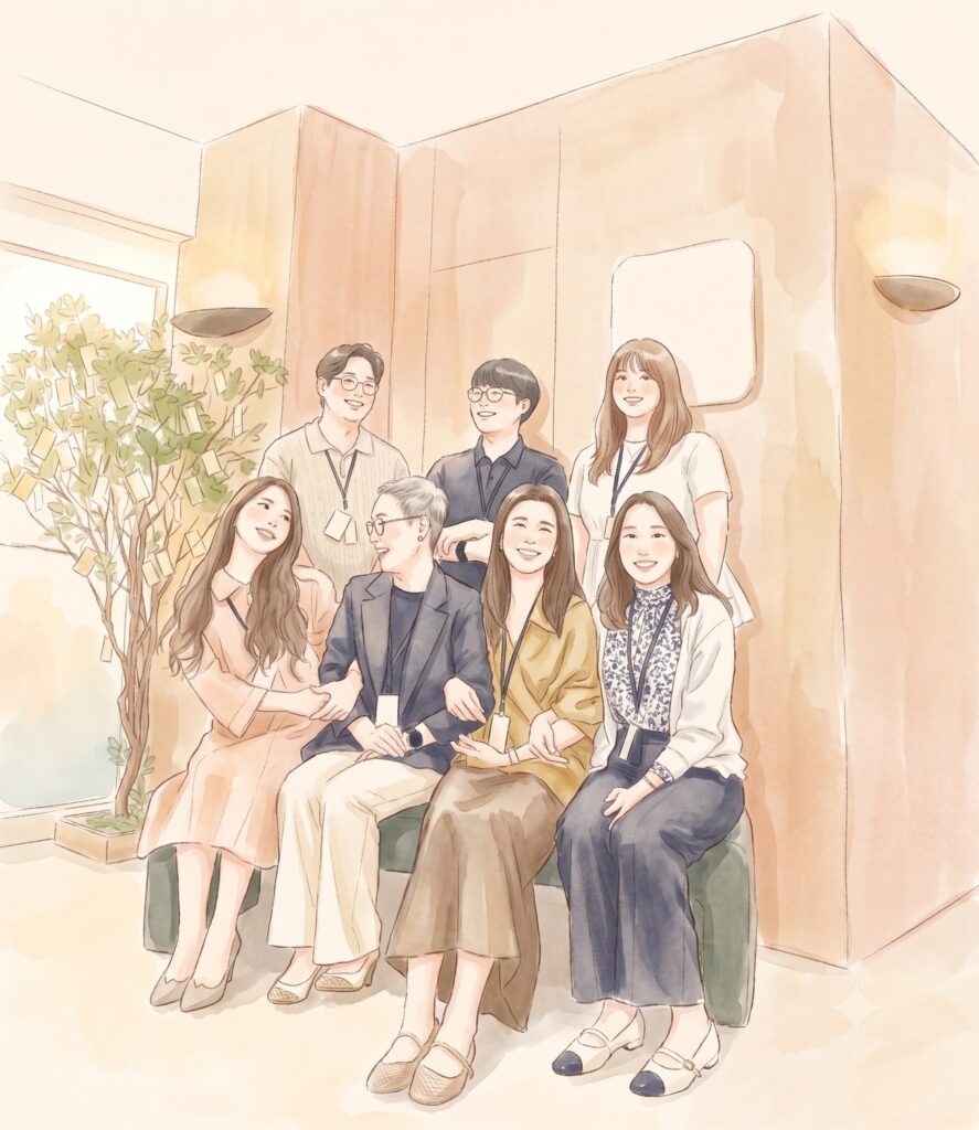 좋은나무 선생님 일곱 분이 로비에 함께 앉아 웃고 있는 모습을 그린 수채 일러스트